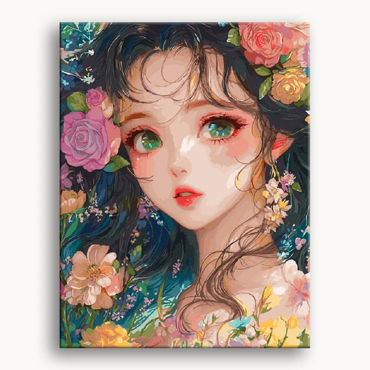 Anime girl with colorful flowers in her hair, smiling softly against a pastel background.