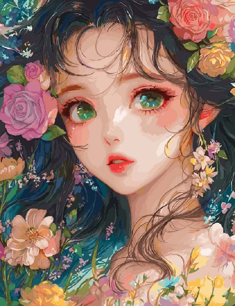 Anime girl with colorful flowers in her hair, smiling softly against a pastel background.