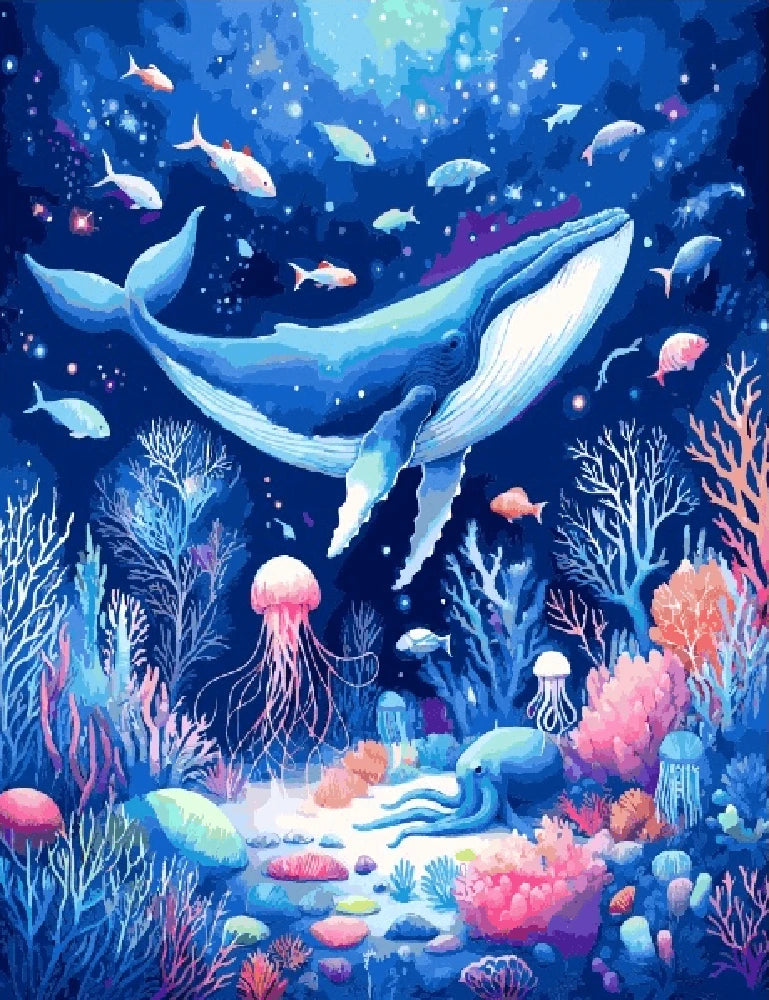 A vibrant painting depicting a whale swimming above a colorful coral reef teeming with marine life.