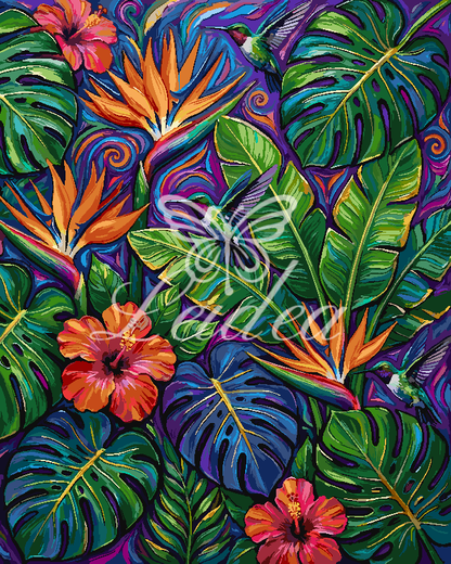 Deep Green Jungle Floral Scene