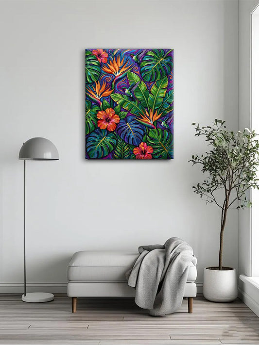 Deep Green Jungle Floral Scene