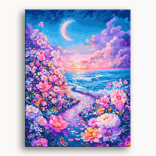 A vibrant painting depicting colorful flowers along a winding path beside the ocean.