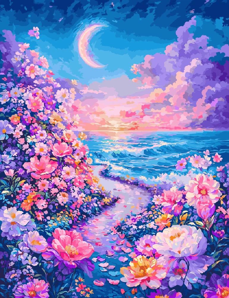 A vibrant painting depicting colorful flowers along a winding path beside the ocean.