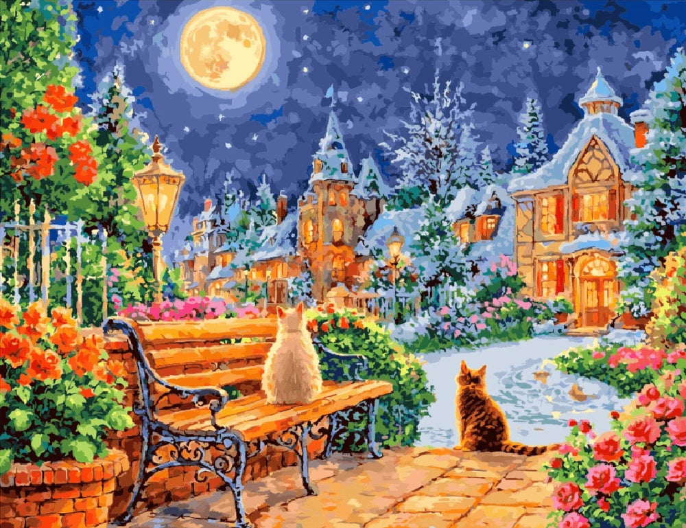 A painting of a cat and dog sitting together on a bench in front of a charming house.