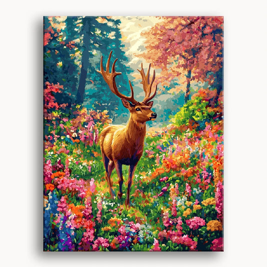 A serene painting of a deer standing gracefully in a vibrant field of colorful flowers.