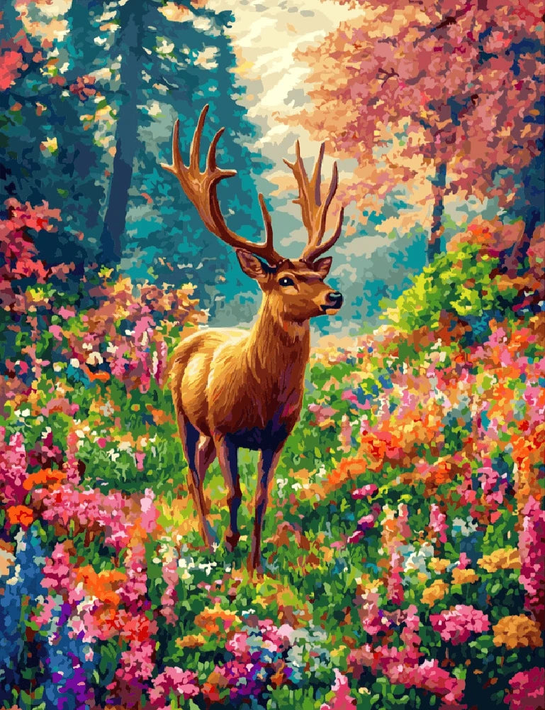 A serene painting of a deer standing gracefully in a vibrant field of colorful flowers.