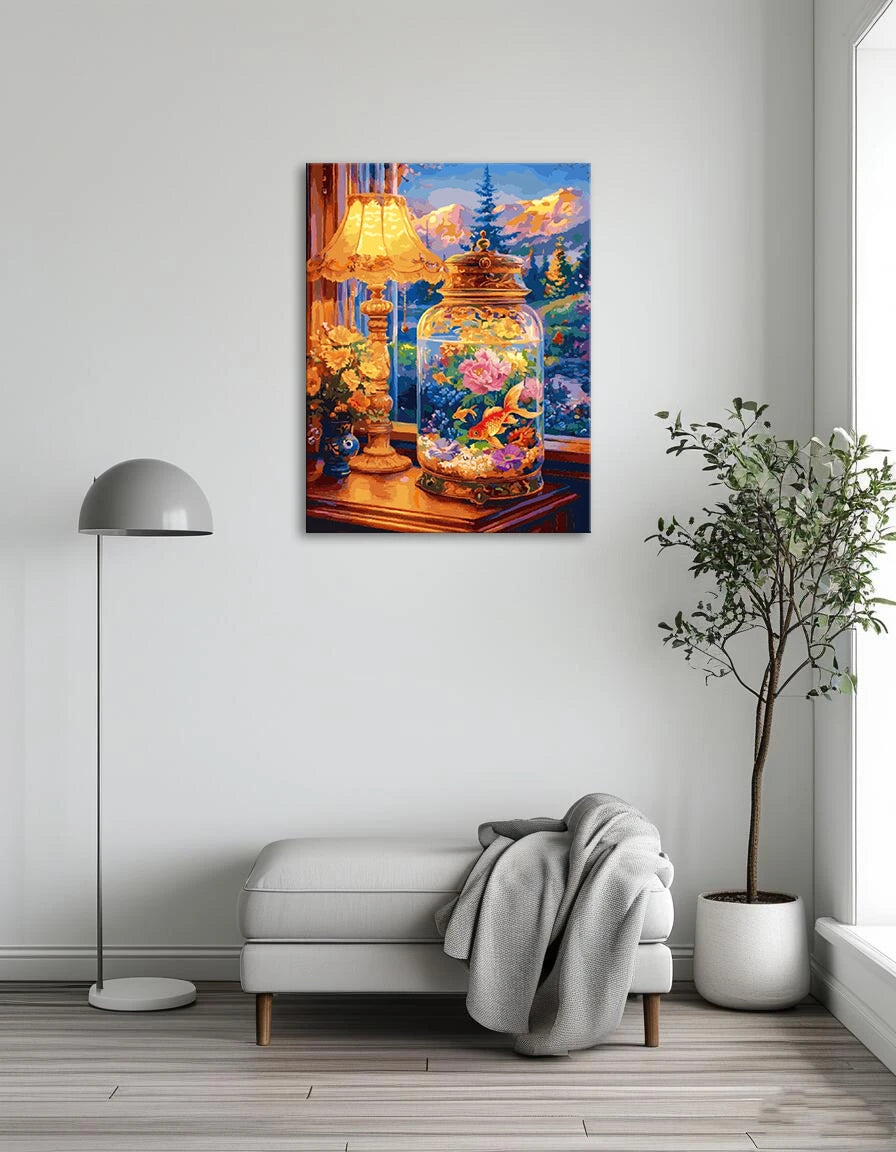 A colorful painting depicting a fish tank surrounded by vibrant flowers.