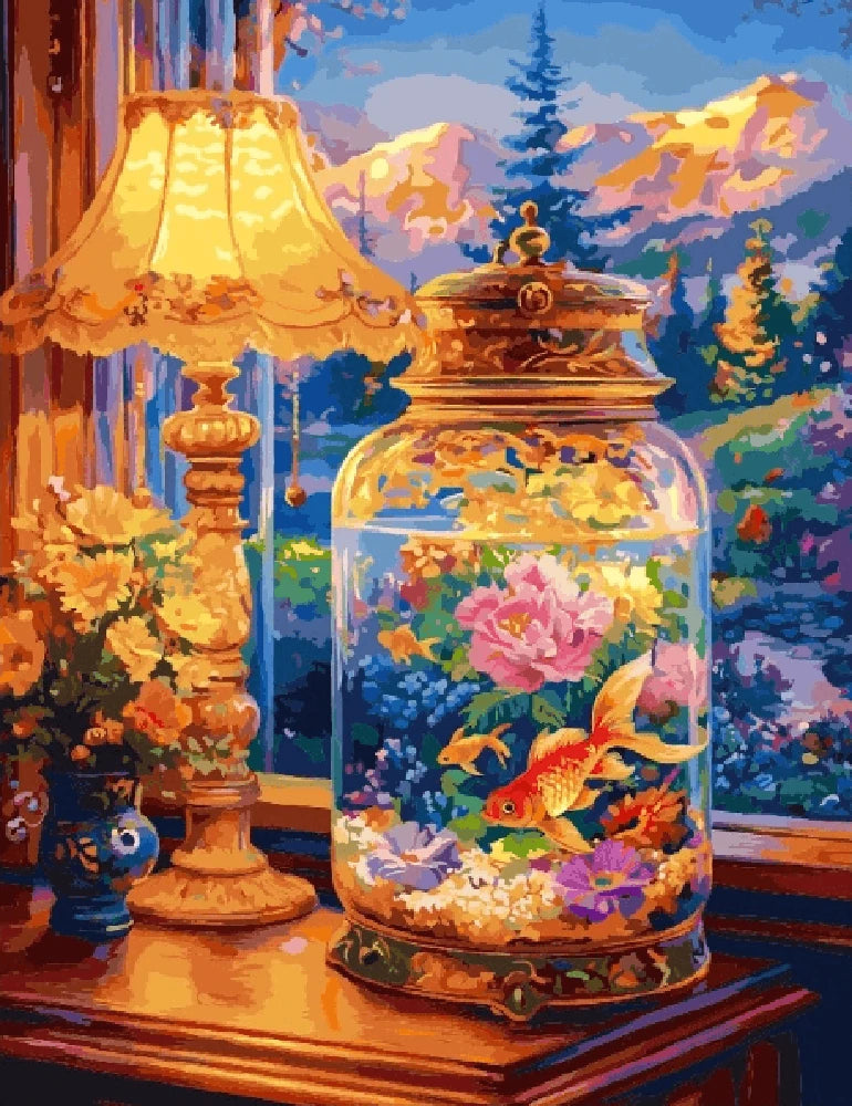 A colorful painting depicting a fish tank surrounded by vibrant flowers.