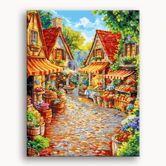 A vibrant painting of a bustling street scene featuring colorful fruit and vegetables for sale.