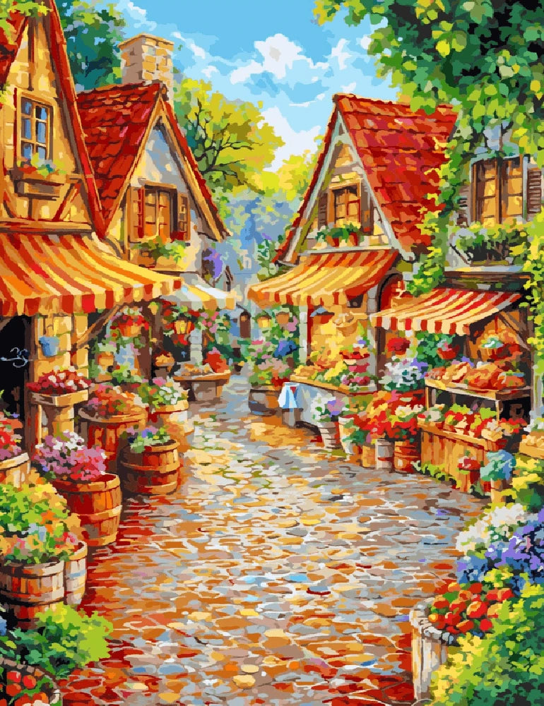 A vibrant painting of a bustling street scene featuring colorful fruit and vegetables for sale.