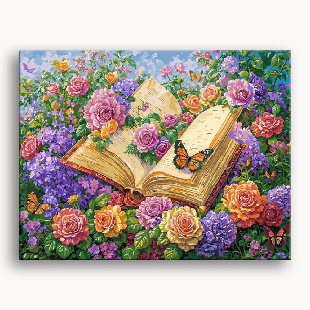 A painting depicting an open book surrounded by colorful flowers and butterflies, symbolizing nature and imagination.