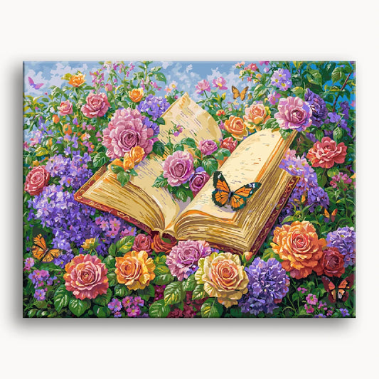 A painting depicting an open book surrounded by colorful flowers and butterflies, symbolizing nature and imagination.