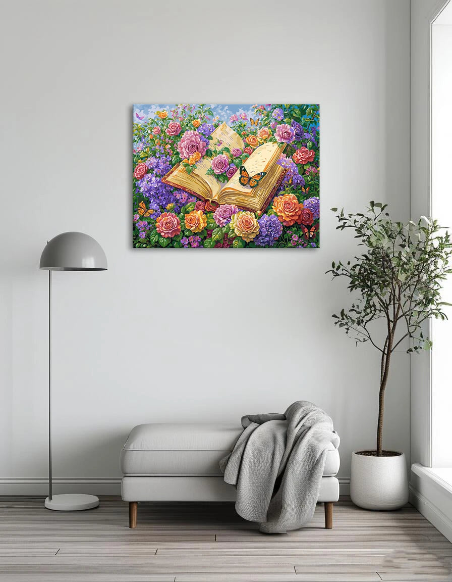 A painting depicting an open book surrounded by colorful flowers and butterflies, symbolizing nature and imagination.