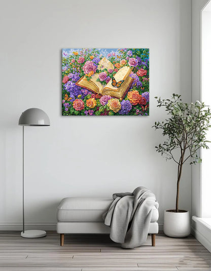 A painting depicting an open book surrounded by colorful flowers and butterflies, symbolizing nature and imagination.