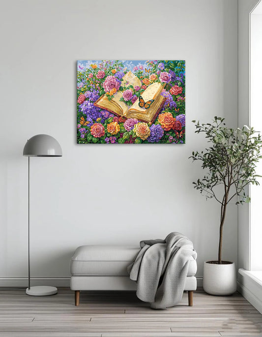A painting depicting an open book surrounded by colorful flowers and butterflies, symbolizing nature and imagination.