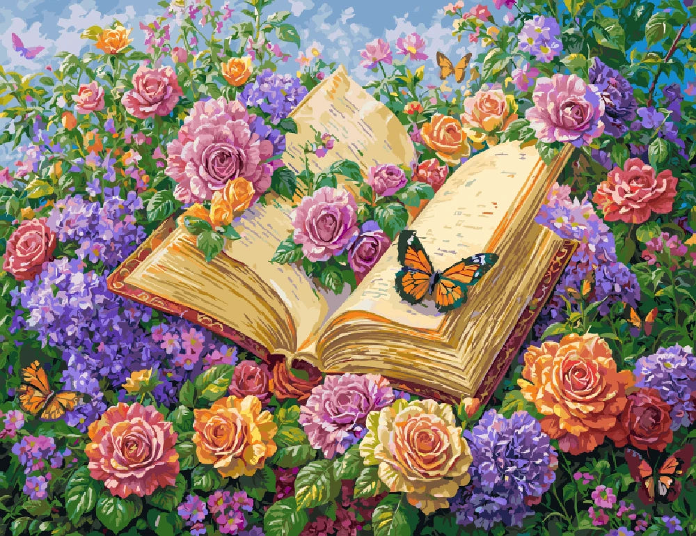A painting depicting an open book surrounded by colorful flowers and butterflies, symbolizing nature and imagination.