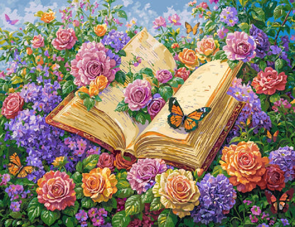 A painting depicting an open book surrounded by colorful flowers and butterflies, symbolizing nature and imagination.