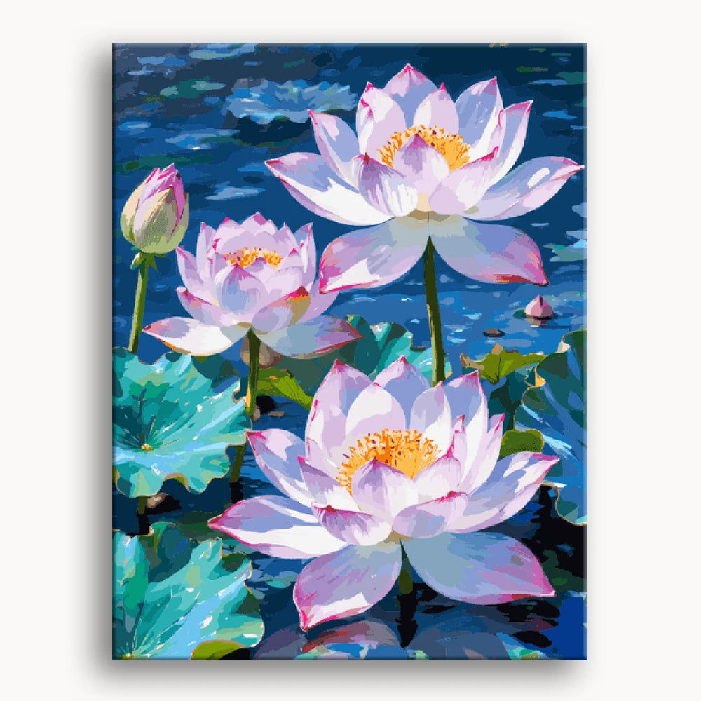 Three vibrant lotus flowers bloom in a serene pond, surrounded by lush green leaves.