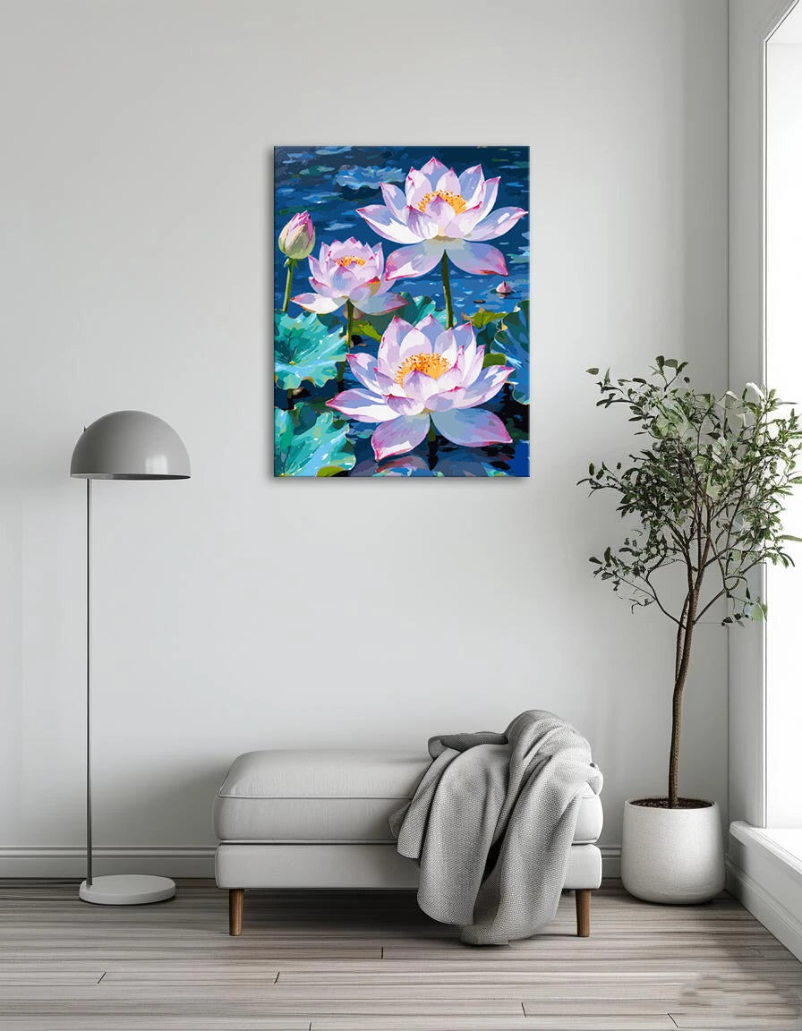 Three vibrant lotus flowers bloom in a serene pond, surrounded by lush green leaves.