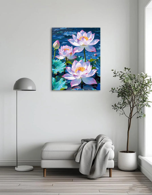 Three vibrant lotus flowers bloom in a serene pond, surrounded by lush green leaves.