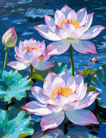 Three vibrant lotus flowers bloom in a serene pond, surrounded by lush green leaves.