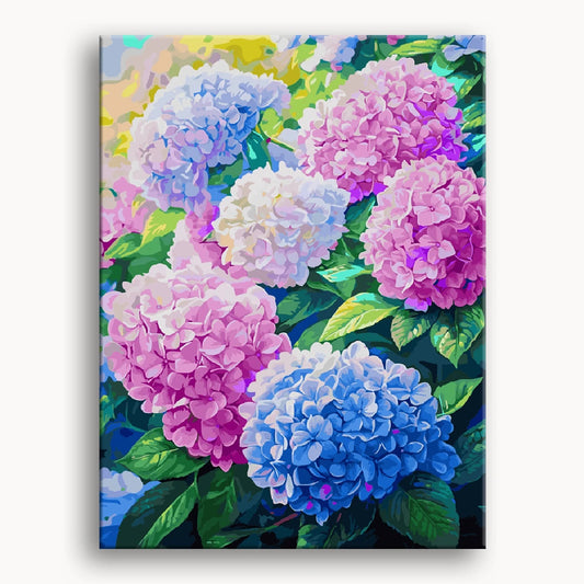 A vibrant painting depicting a variety of colorful flowers blooming in a sunny field.