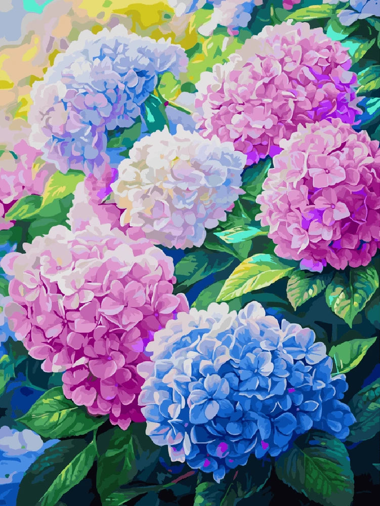 A vibrant painting depicting a variety of colorful flowers blooming in a sunny field.