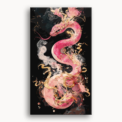 A pink snake featuring vibrant gold and pink patterns slithers gracefully across a textured surface.