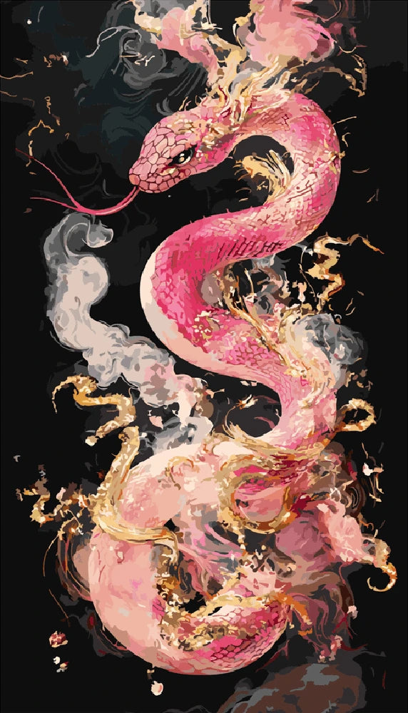 A pink snake featuring vibrant gold and pink patterns slithers gracefully across a textured surface.