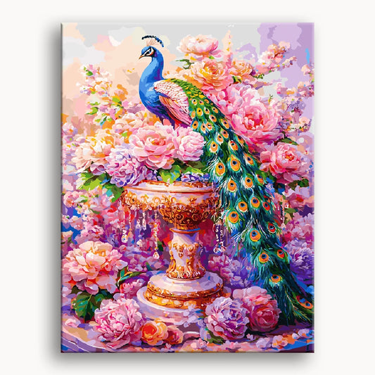 A vibrant painting of a peacock perched on a vase filled with colorful flowers.