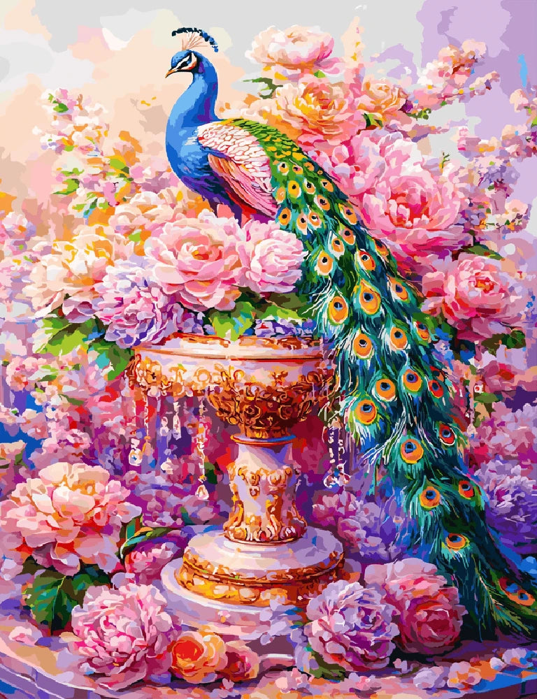 A vibrant painting of a peacock perched on a vase filled with colorful flowers.