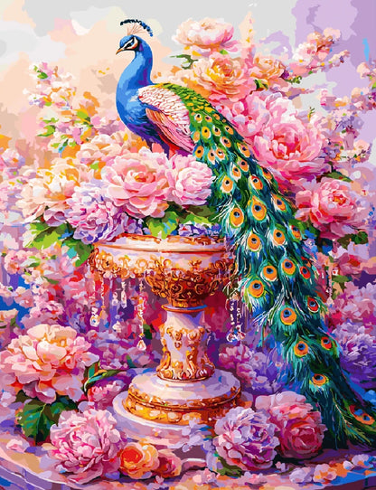 A vibrant painting of a peacock perched on a vase filled with colorful flowers.