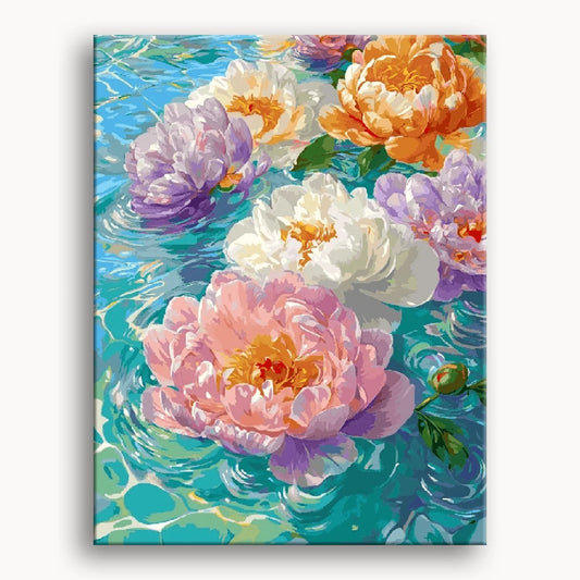 A painting depicting peonies gracefully floating on the surface of tranquil water.