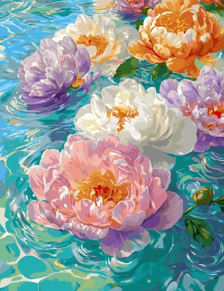 A painting depicting peonies gracefully floating on the surface of tranquil water.
