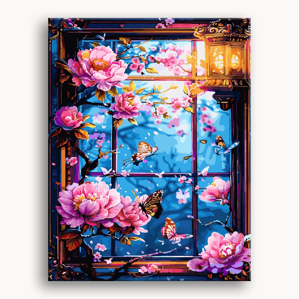 A window adorned with colorful flowers and fluttering butterflies, creating a vibrant and lively scene.