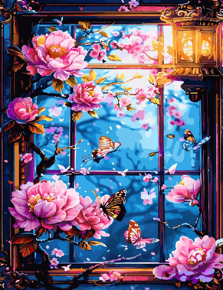 A window adorned with colorful flowers and fluttering butterflies, creating a vibrant and lively scene.