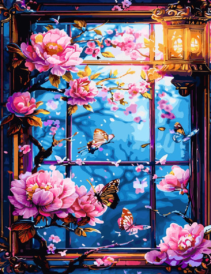 A window adorned with colorful flowers and fluttering butterflies, creating a vibrant and lively scene.