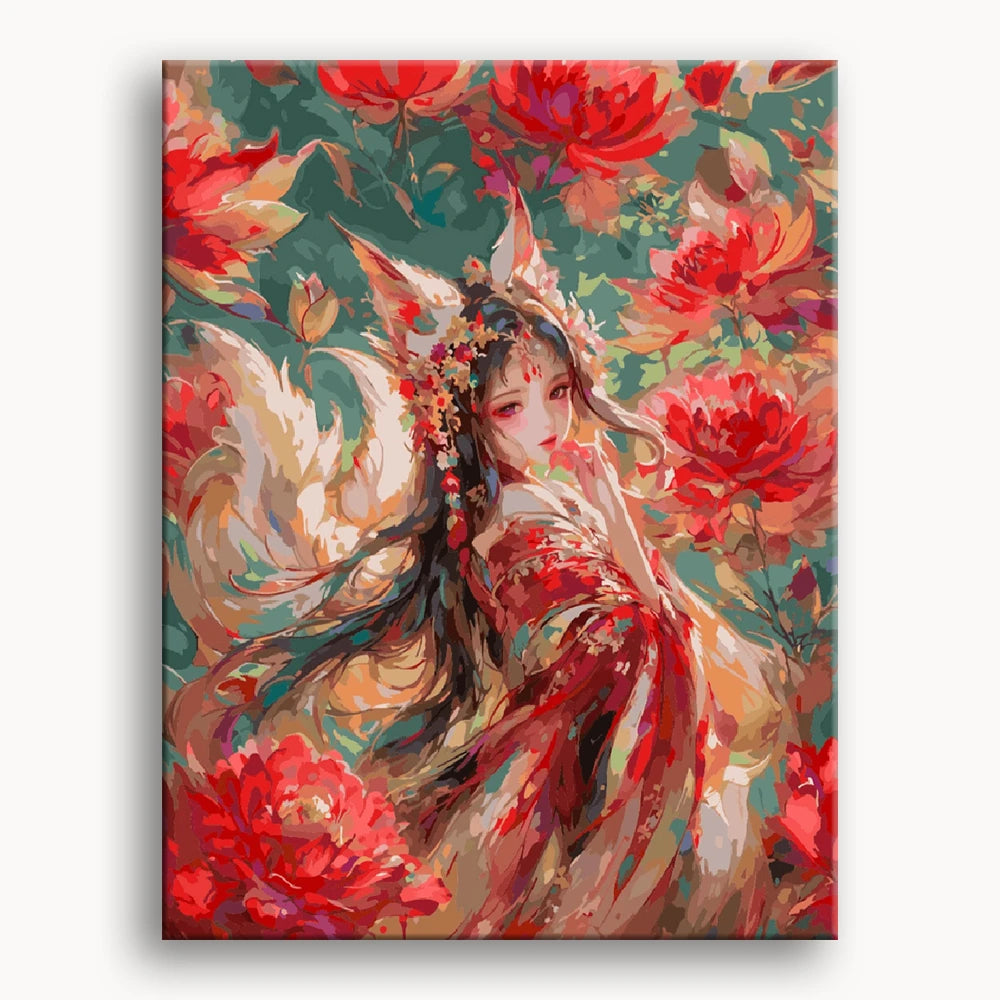 An artistic painting of a woman in a red dress, surrounded by vibrant flowers in a colorful, serene setting.