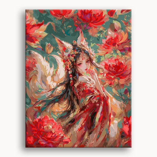An artistic painting of a woman in a red dress, surrounded by vibrant flowers in a colorful, serene setting.