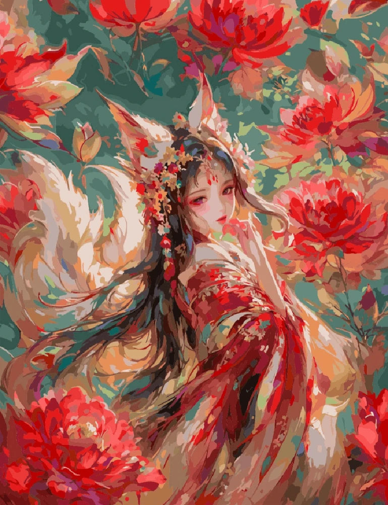 An artistic painting of a woman in a red dress, surrounded by vibrant flowers in a colorful, serene setting.
