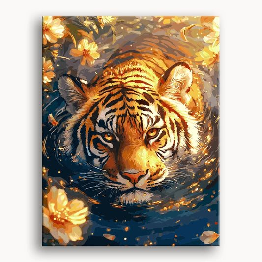 A tiger swims gracefully in water, surrounded by vibrant flowers, showcasing a serene and colorful natural scene.