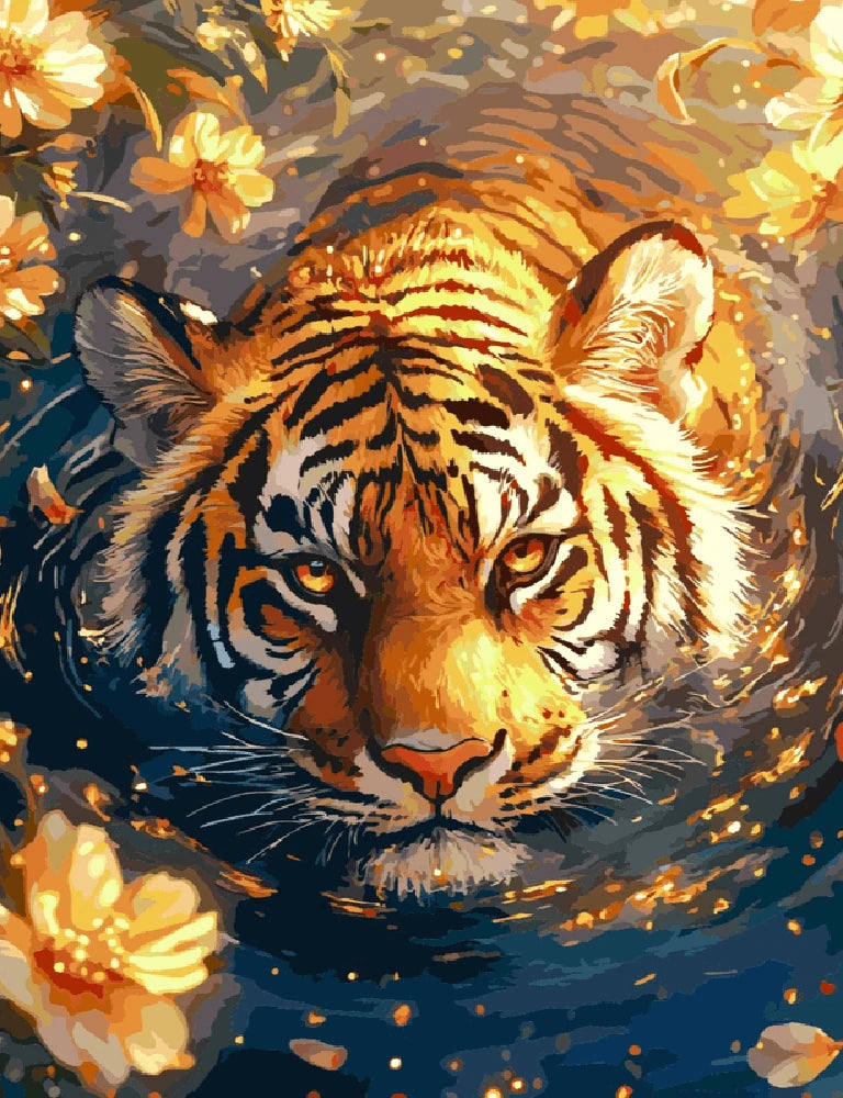 A tiger swims gracefully in water, surrounded by vibrant flowers, showcasing a serene and colorful natural scene.