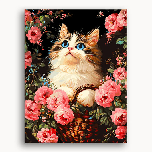 A painting depicting a cat comfortably resting in a woven basket, surrounded by soft, warm colors.