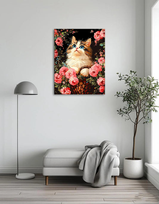 A painting depicting a cat comfortably resting in a woven basket, surrounded by soft, warm colors.