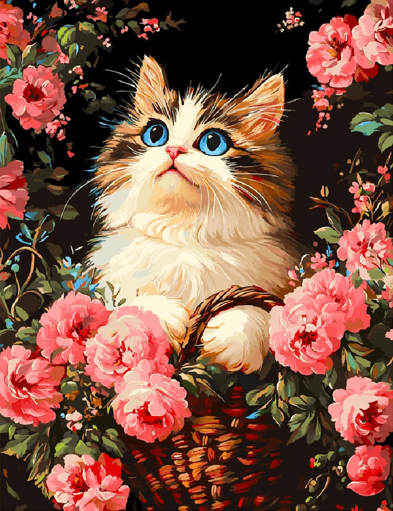 A painting depicting a cat comfortably resting in a woven basket, surrounded by soft, warm colors.