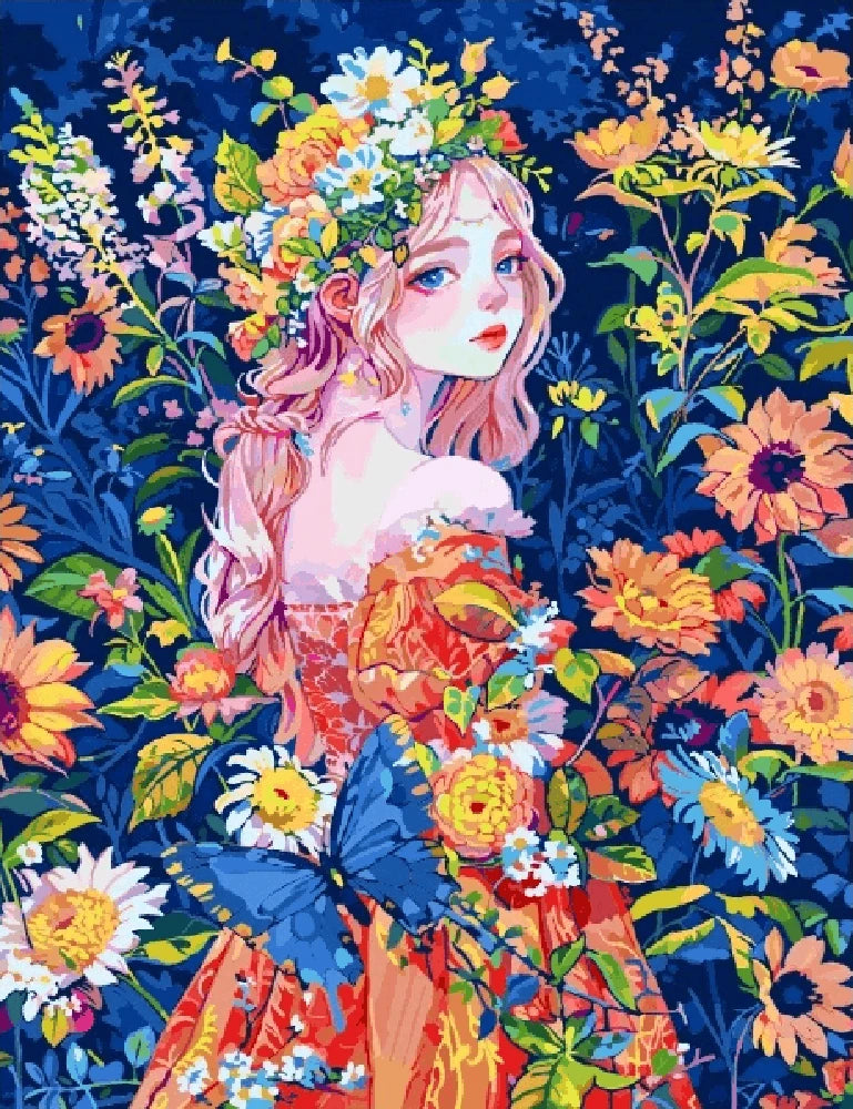 A painting depicting a girl adorned with vibrant flowers in her hair, exuding a sense of beauty and tranquility.