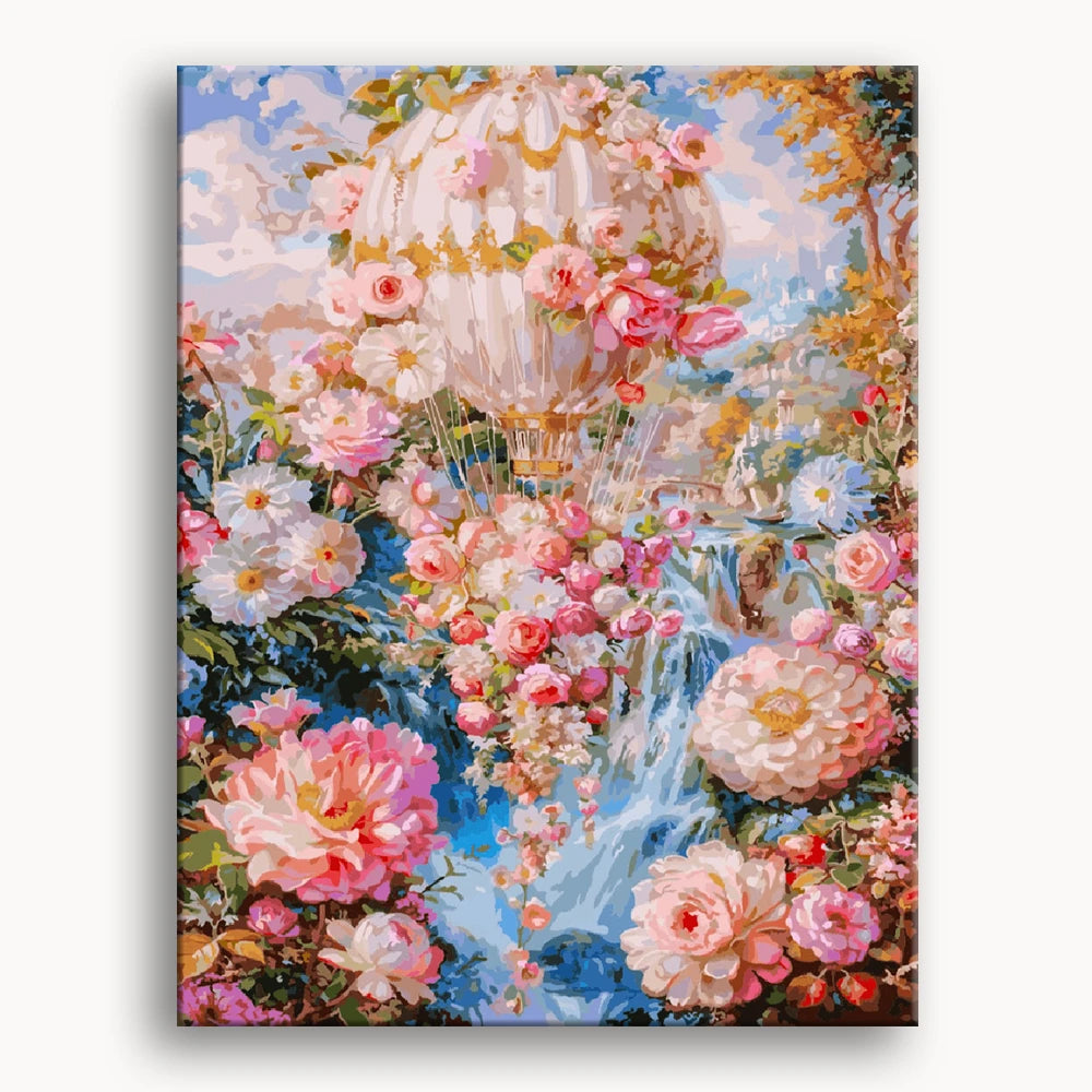A colorful painting of a hot air balloon adorned with vibrant flowers against a clear blue sky.