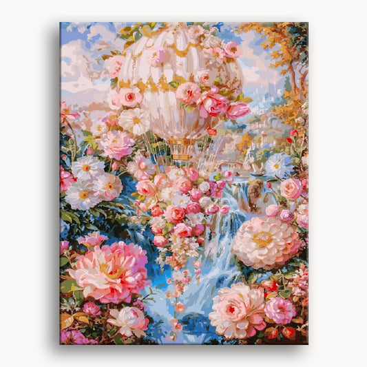 A colorful painting of a hot air balloon adorned with vibrant flowers against a clear blue sky.