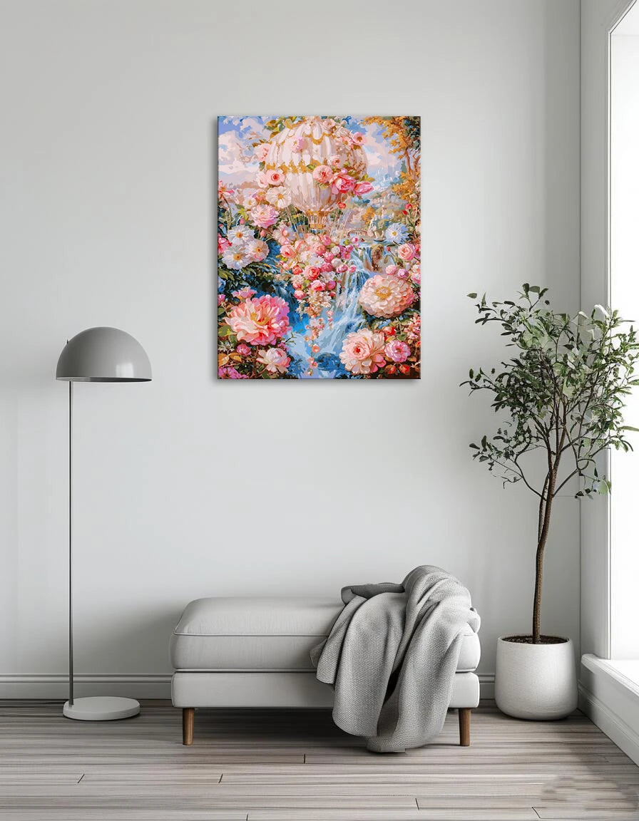 A colorful painting of a hot air balloon adorned with vibrant flowers against a clear blue sky.