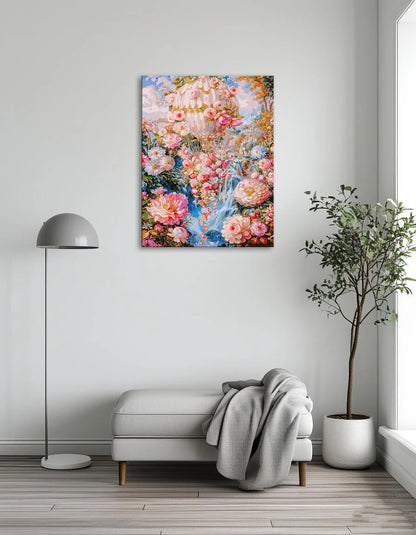 A colorful painting of a hot air balloon adorned with vibrant flowers against a clear blue sky.